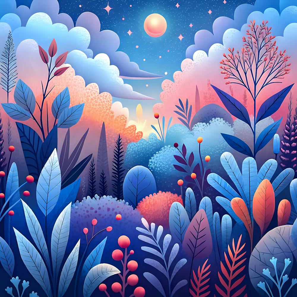 Nature Night Bushes Flowers Leaves Clouds Landscape Berries Story Fantasy Wallpaper Background Sample Design