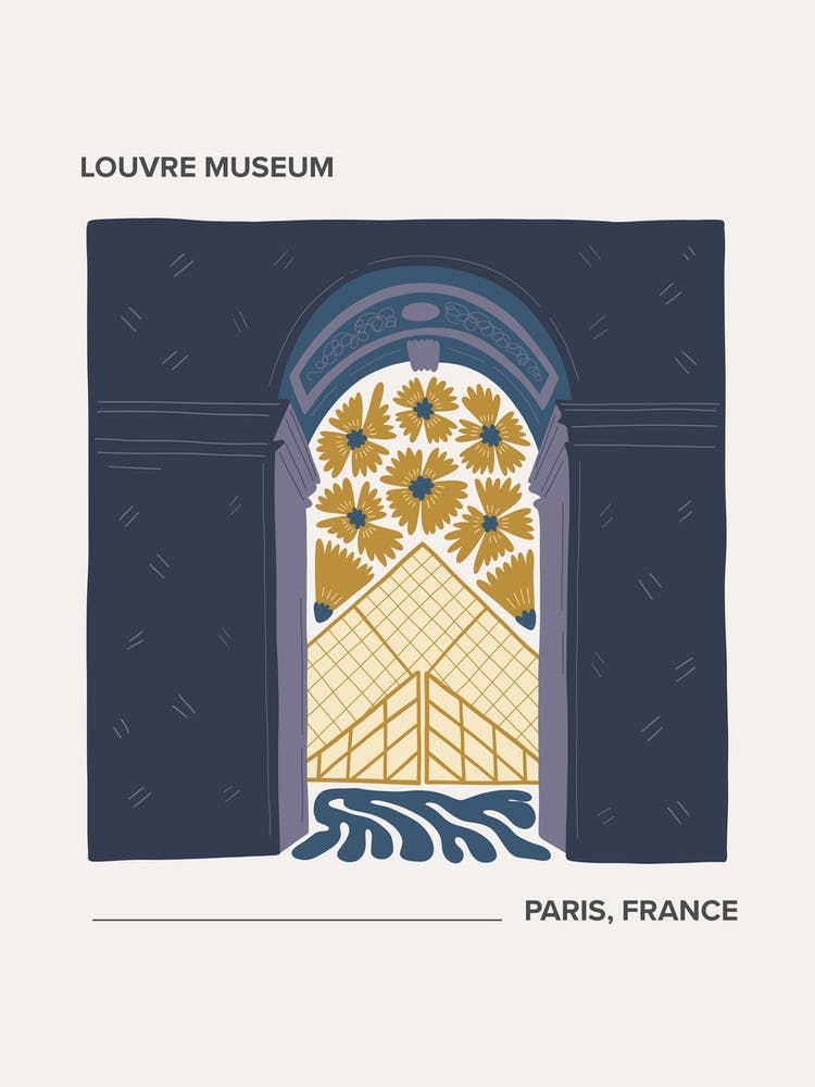 Louvre Museum   Paris, France, Warm Colours Illustration Travel Poster 2