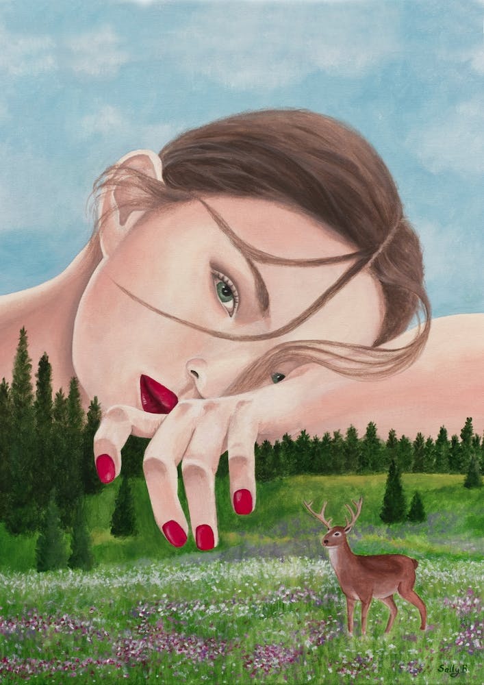 Woman With Deer In Nature