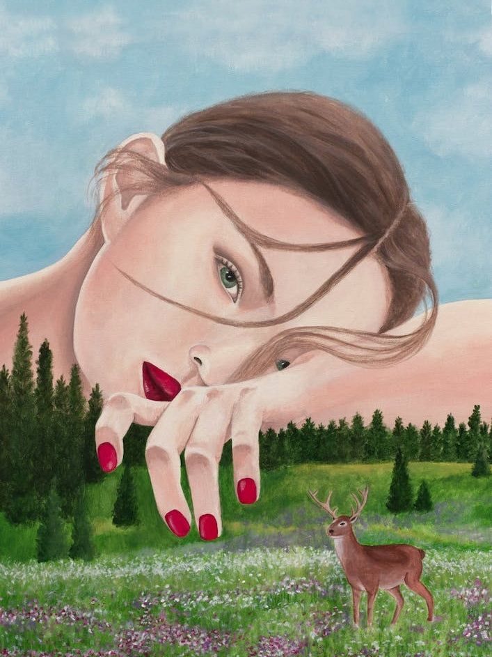 Woman With Deer In Nature
