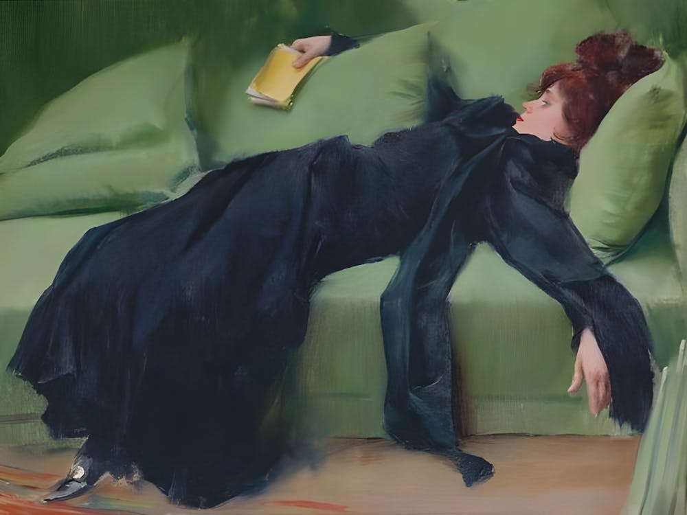 Elegant Woman Resting On Green Sofa – Vintage Art Portrait