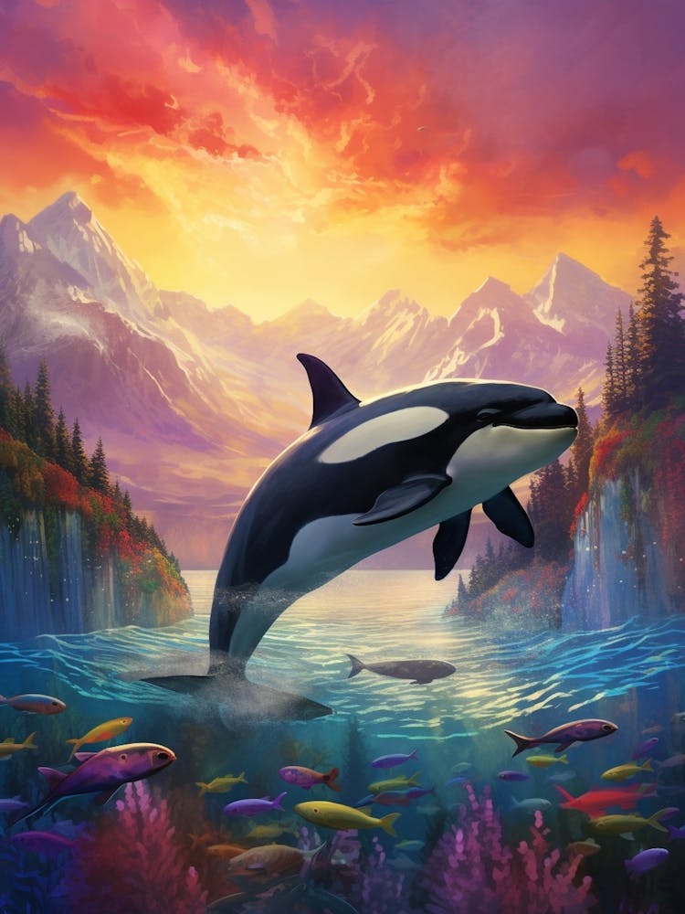 Surreal Orca Whale Mountains And Fish