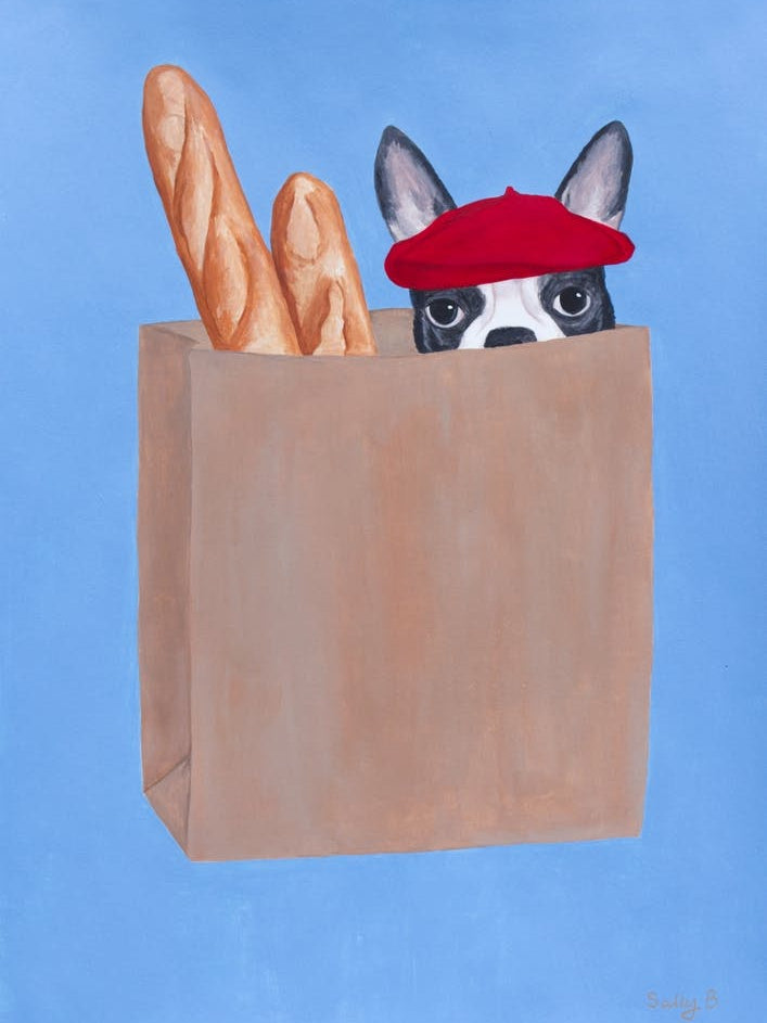 French Bulldog In Paperbag With Baguette