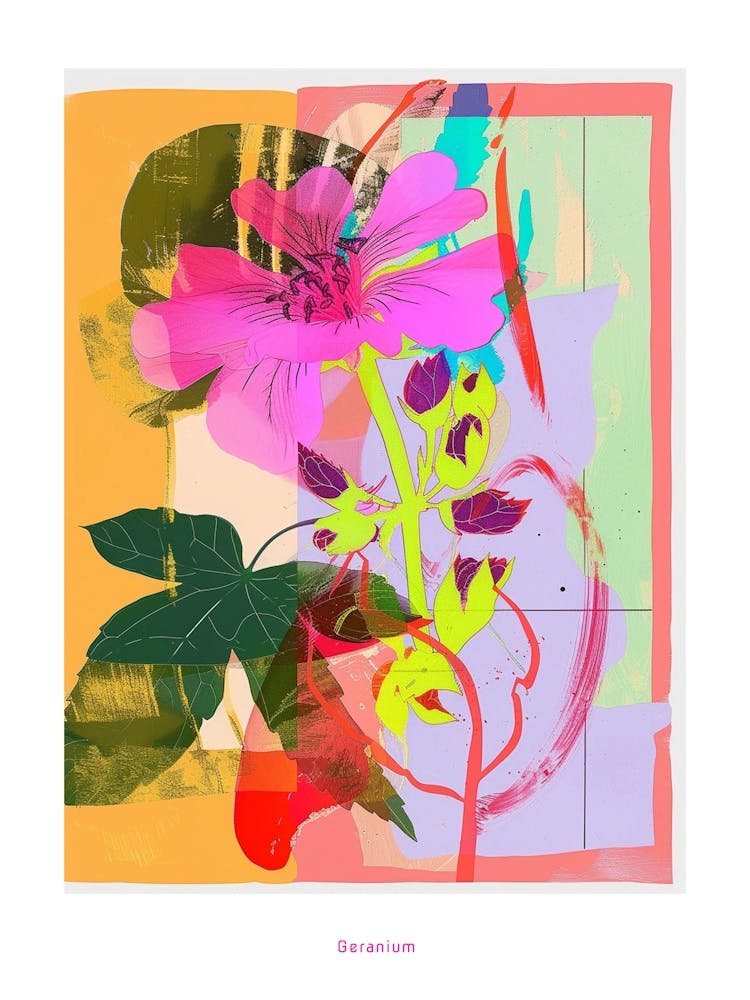 Geranium 1 Neon Flower Collage Poster