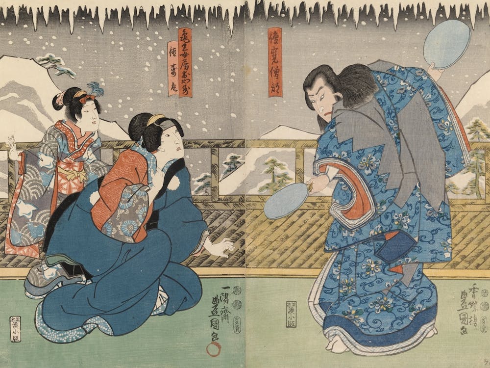 Näyttelijät Sawamura Sojuro Ja Onoe Baiko Näytelmässä Hime Komatsu (Pikku Mänty Eli Vuodenalun Leikkejä), 1850,