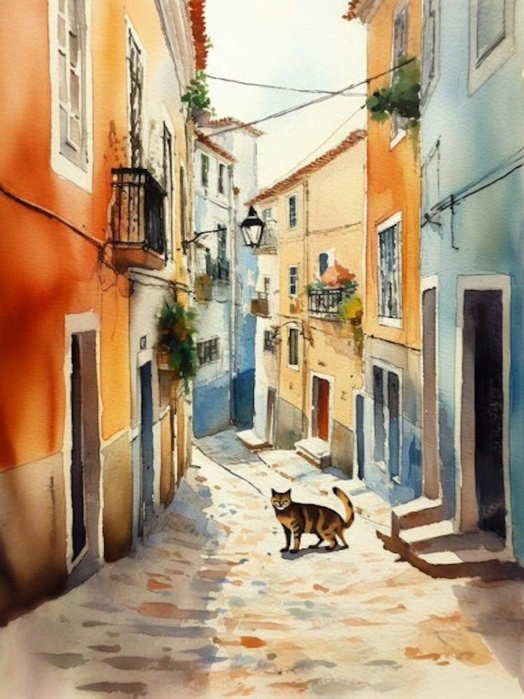 Painting Of Lisbon Portugal With A Cat In The Style Of Watercolour 4