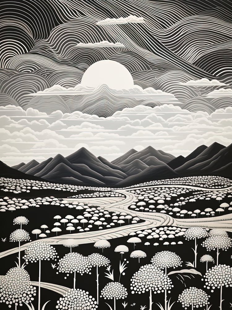 Aso Caldera à Kumamoto, Dessin d'Art Ligne Noir et Blanc Ukiyo-e 4