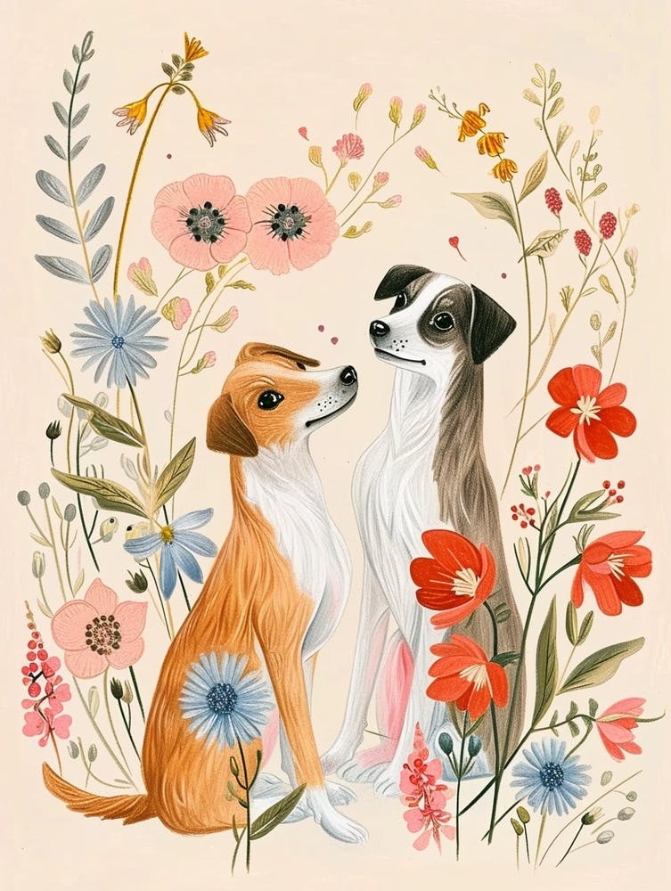 Folksy Floral Animal Drawing Dog 1