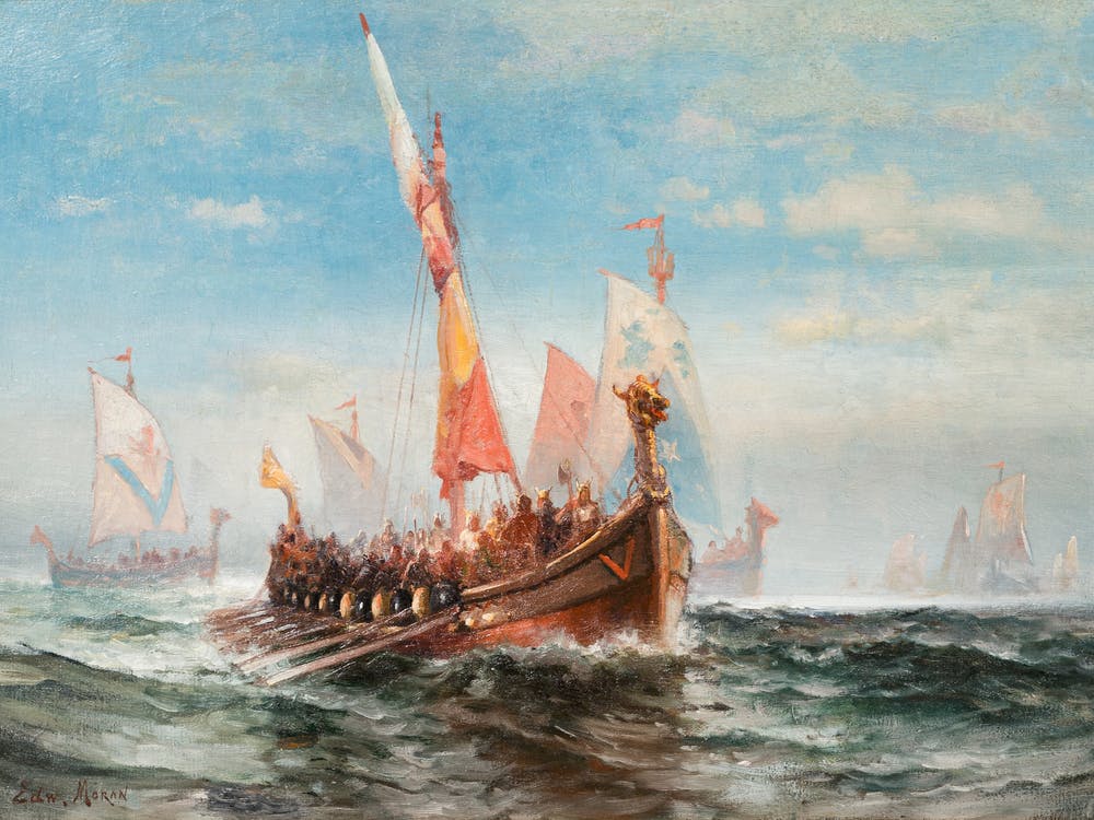 HD Remastered Oil Painting, The Viking Armada c1880 by Edward Moran (1829–1901) American Marine Painter, Born in Bolton, England, Died in New York - Norse Norway Denmark Scandinavian Mythology Thor Odin Freya War Goddess