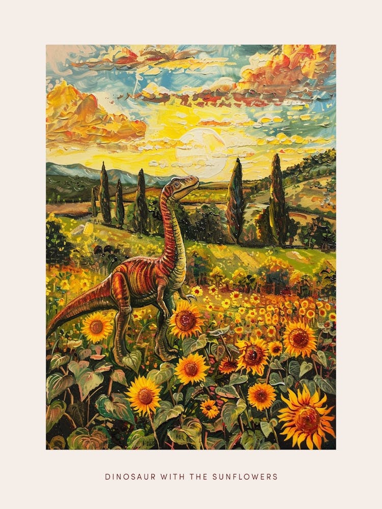 Dinosaur In A Sunflower Field Landscape Painting 1 Poster