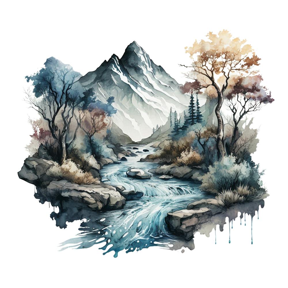 Watercolor Of A Mountain Stream 4