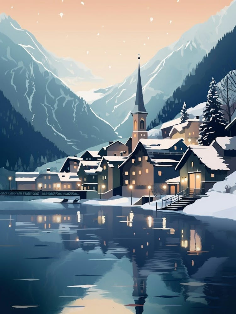 Winter Travel Night Illustration Hallstatt Austria 1
