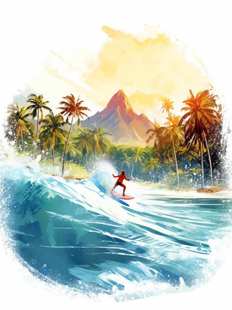 Surfing In A Wave On Matira Beach, Bora Bora French Polynesia 1