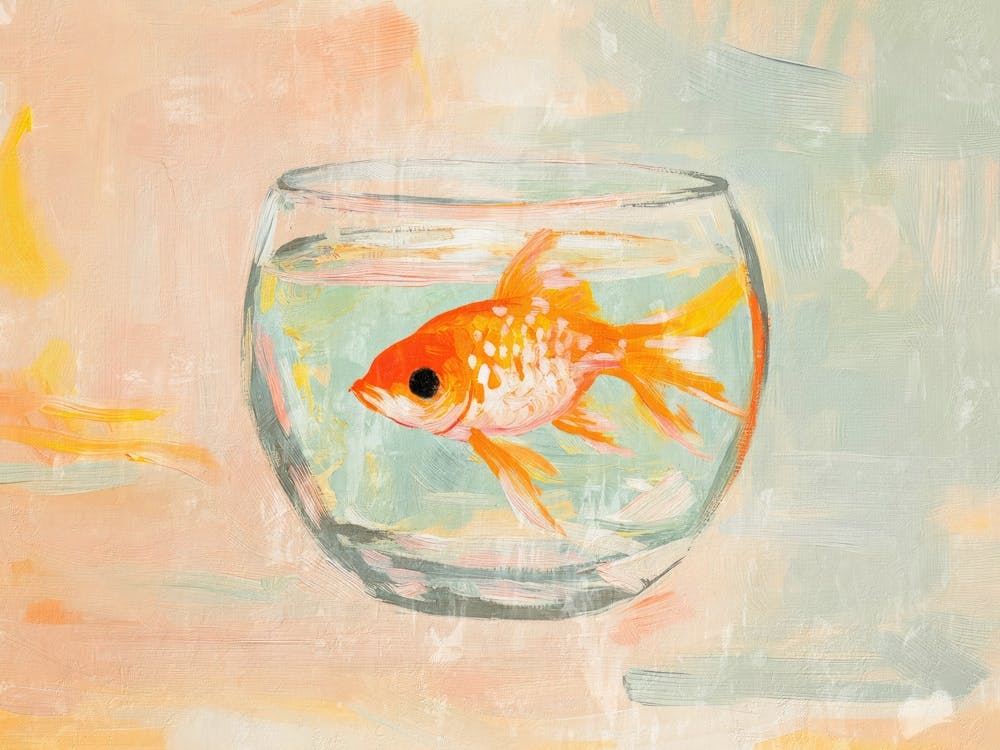 Goldfish in glass bowl painting in Soft pastel for coastal or beachy decor, Minimalist still life Orange and green cute wall art for bathrooms and kitchen, Whimsical artwork for kids rooms and nusery
