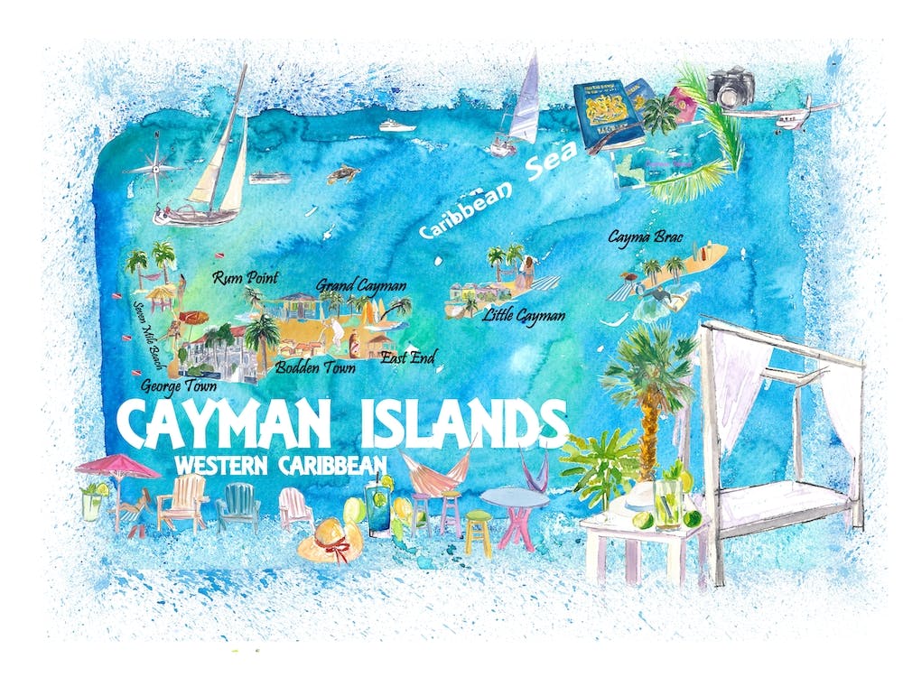 Cayman Islands Illustrated Travel Map With Roads And Highlights