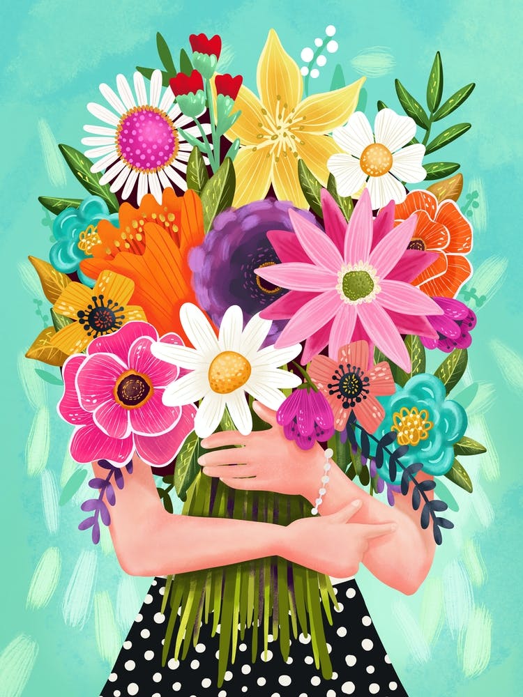 Woman Holding a Colorful Bouquet of Flowers Illustration