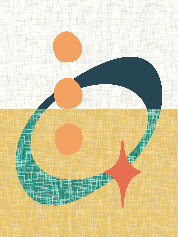 Mid Century Atomic Abstract Teal Yellow Orange