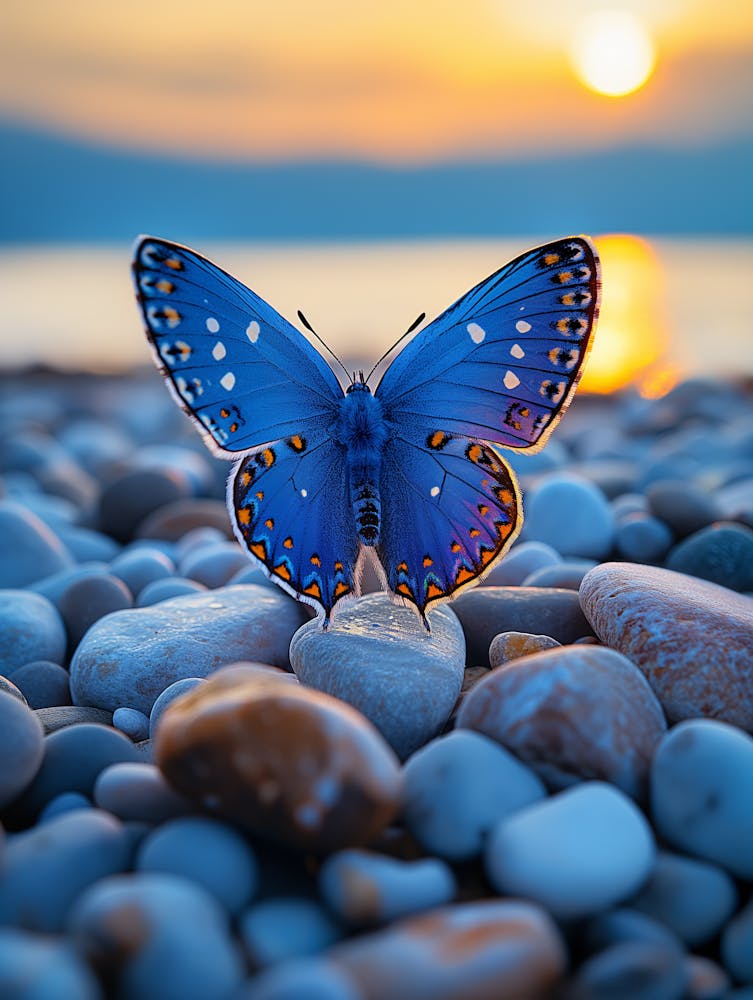 Blue Butterfly On Rocks At Sunset