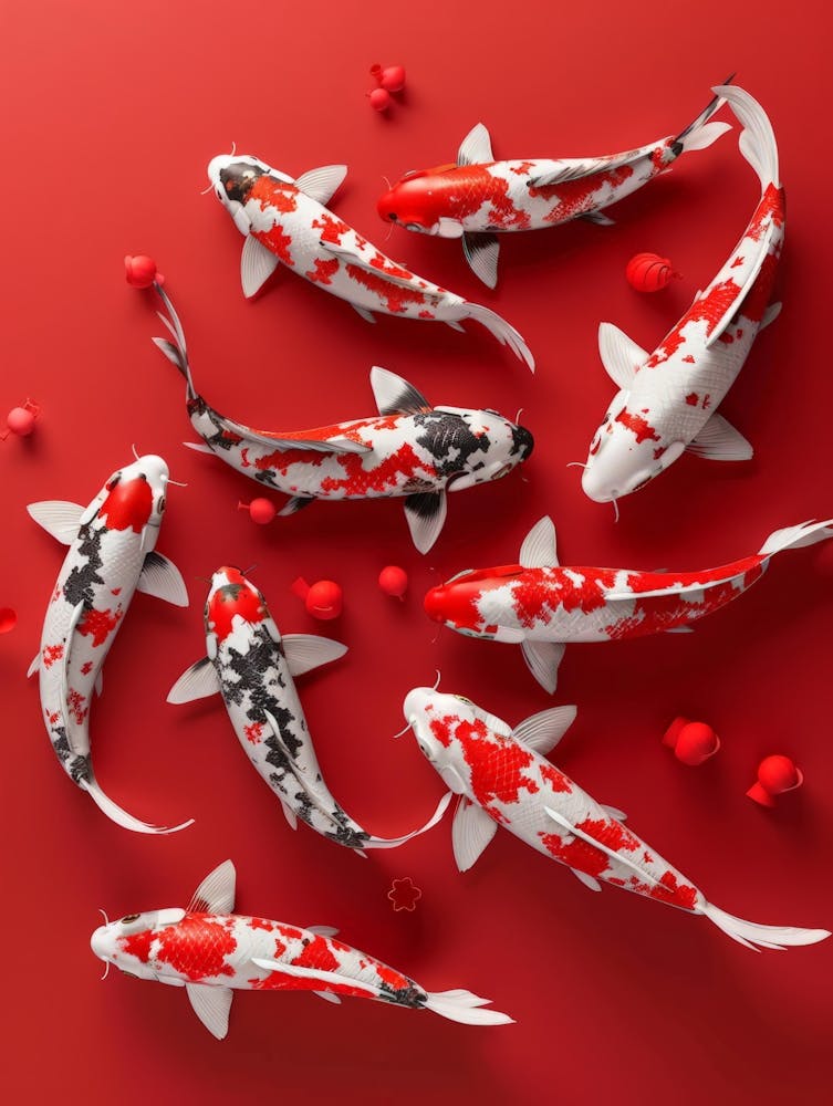Koi Fish On Red Background