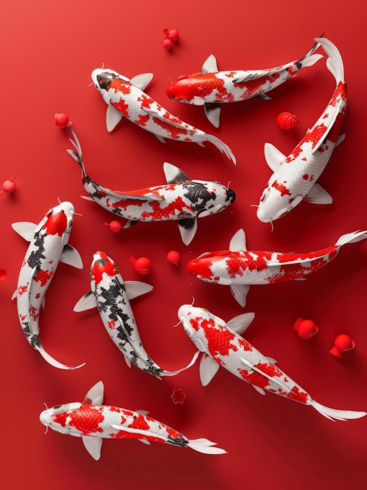 Koi Fish On Red Background