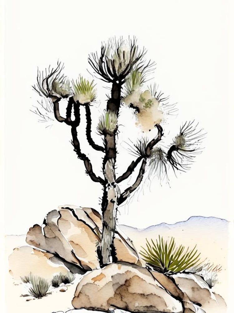 Joshua Tree in felsiger Landschaft – Minimalistische Aquarellmalerei (1)