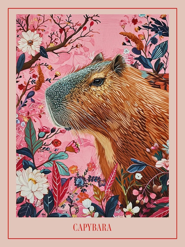 Peinture animalière florale Capybara 4 - Affiche