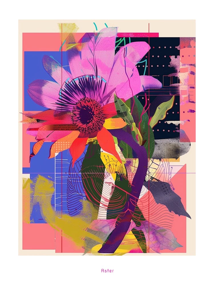 Aster 8 Neon Flower Collage Poster