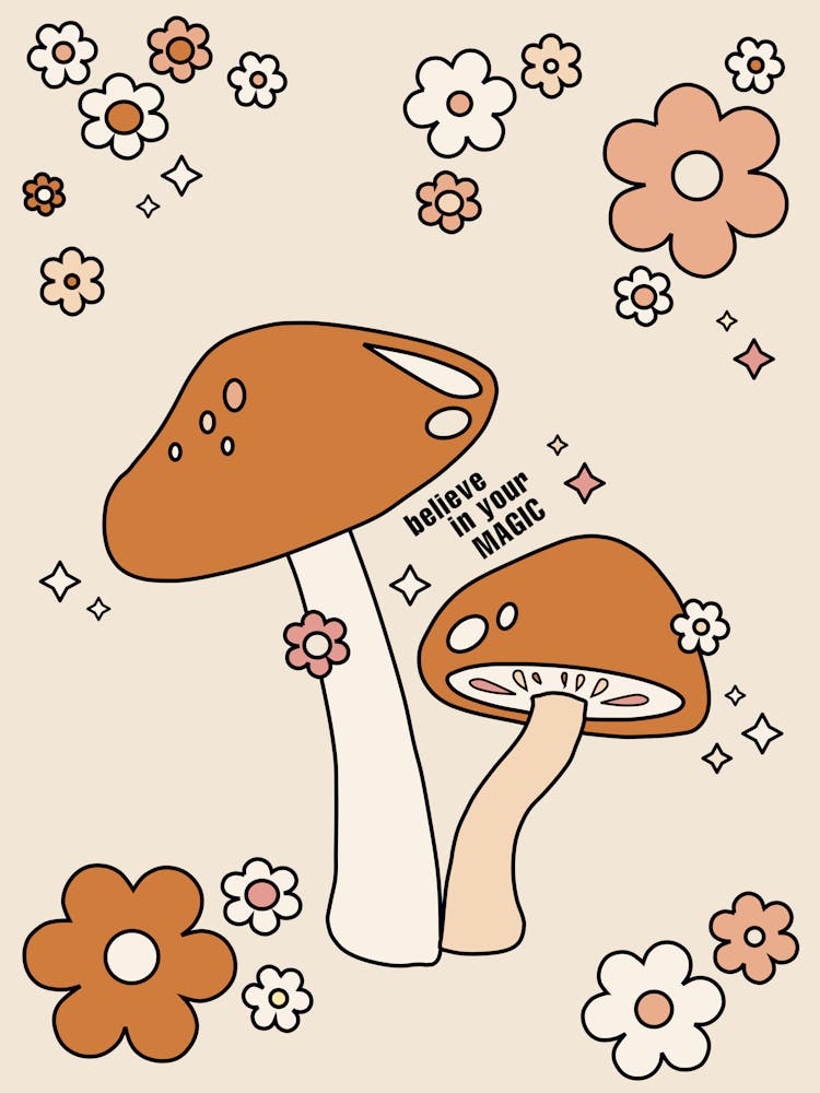 Mushrooms And Flowers Retro 70s Earth Tones