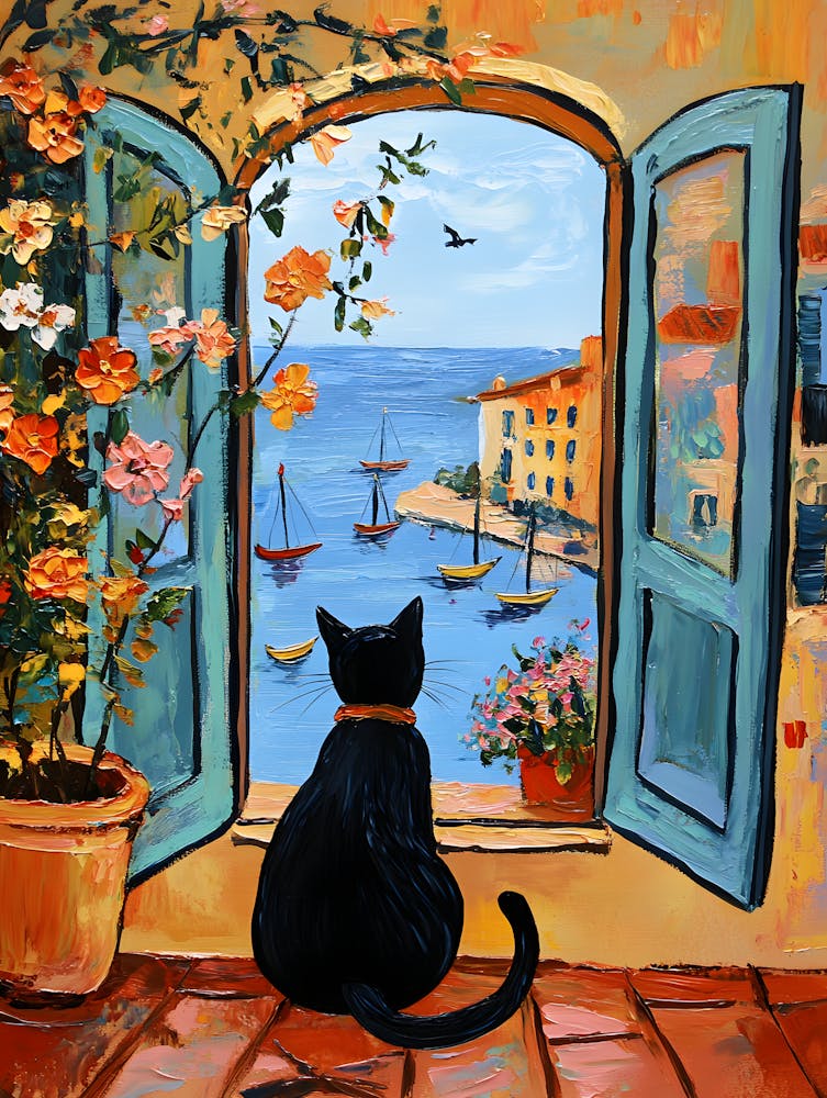 Oil Painting Black Cat Loves the Sea 16