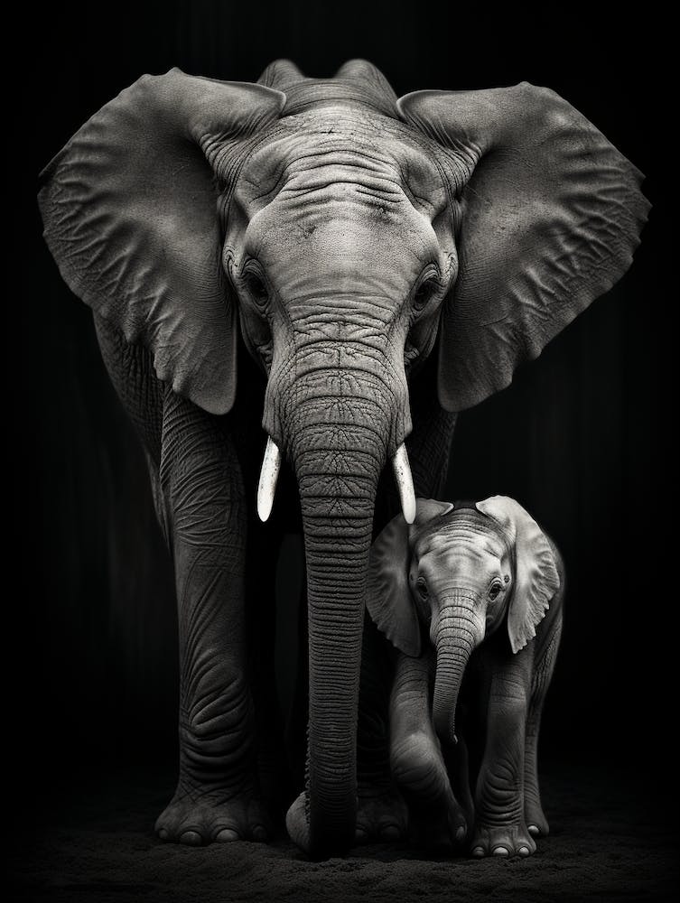 Black And White Photograph Of A Baby Elephant Next To Mother