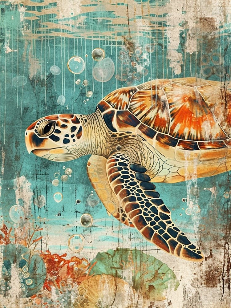 Textured Sea Turtle Collage With Bubbles 4