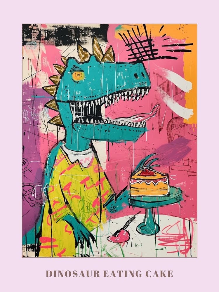 Dinosaur Eating A Cake Pink Blue Graffiti Style Poster
