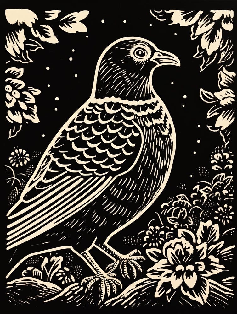 B&W Bird Linocut Pigeon 3