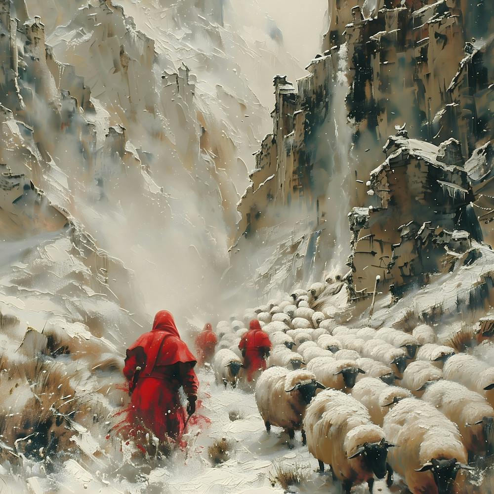 Shepherds In The Snow, In Warm Colors, Impressionism, Surrealism