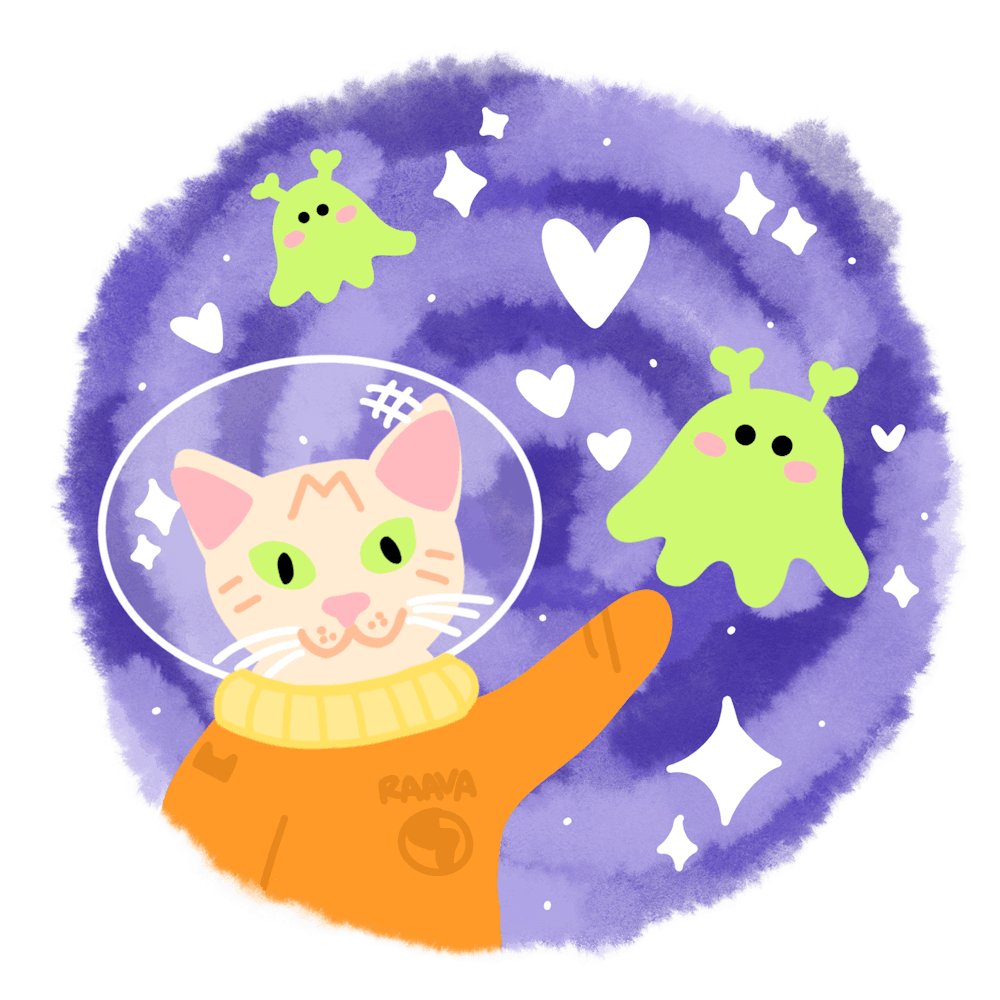 Cartoon cat with friendly aliens in the outer space
