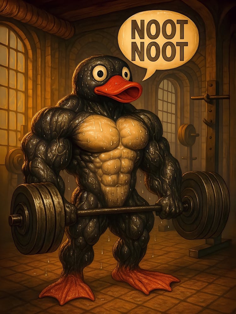 Watch Pingu pump iron in this vintage gym-themed meme art! A funny and inspirational cartoon penguin flexes his muscles in full workout mode. A perfect blend of fitness, humor, and noot noot comedy to boost your motivation and make you laugh.