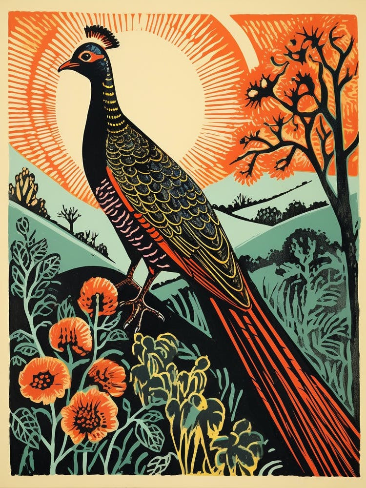 Vintage Bird Linocut Pheasant 1