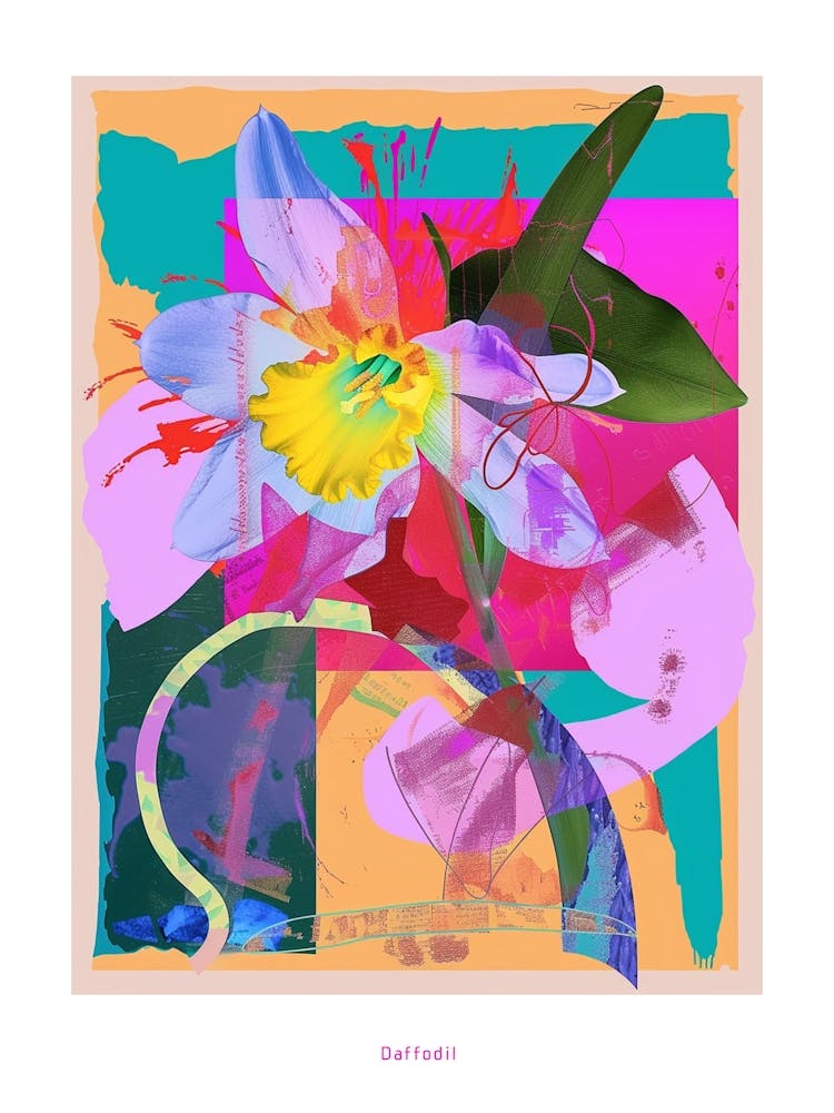 Daffodil 2 Neon Flower Collage Poster