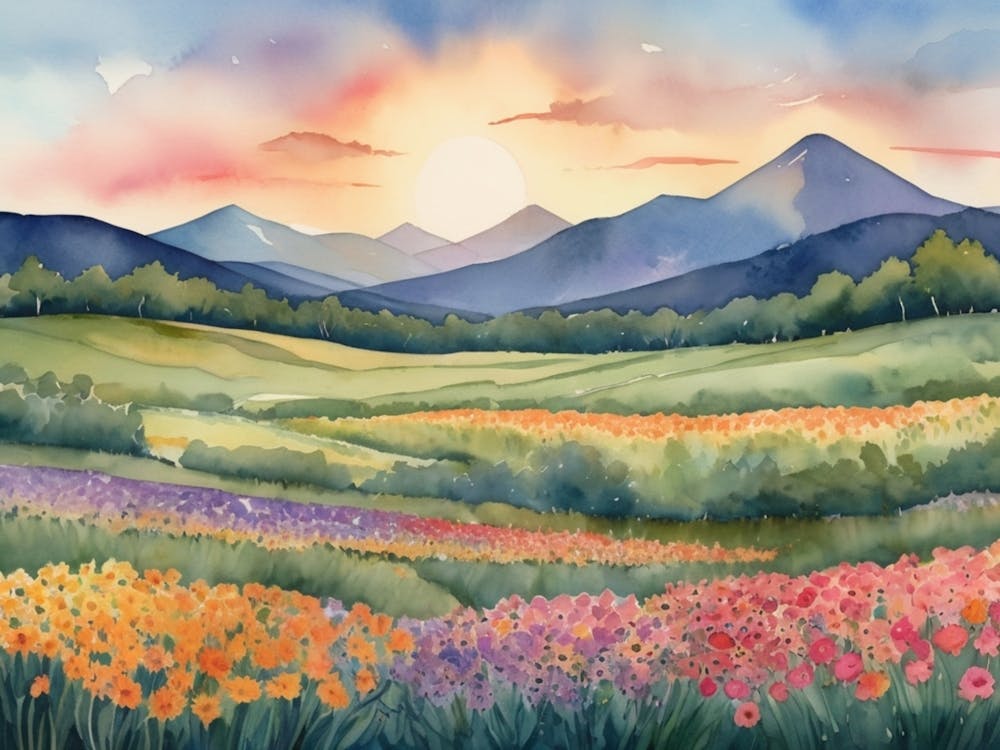 Default A Painting Of A Sunset Over A Field Of Flowers And Mou 0 1