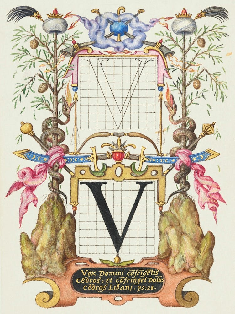 Guide For Constructing The Letter V From Mira Calligraphiae Monumenta, Joris Hoefnagel