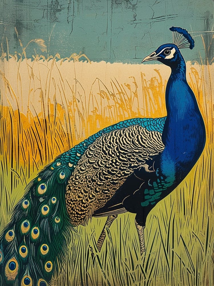 Blue Mustard Peacock In The Grass Linocut Inspired 2