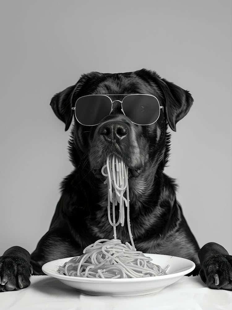 Rottweiler Eating Pasta Wall Art, Spaghetti Print, Black And White Print, Food Print, Dog Gift, Funny Dog Poster, Kitchen Wall Decor