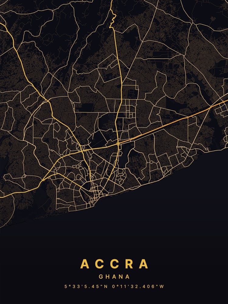 Accra Ghana Black And Gold Map