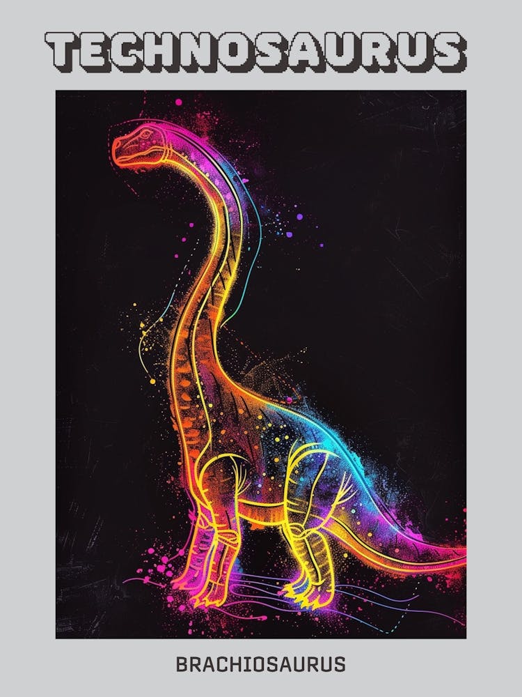 Abstract Neon Line Illustration Brachiosaurus 1 Poster