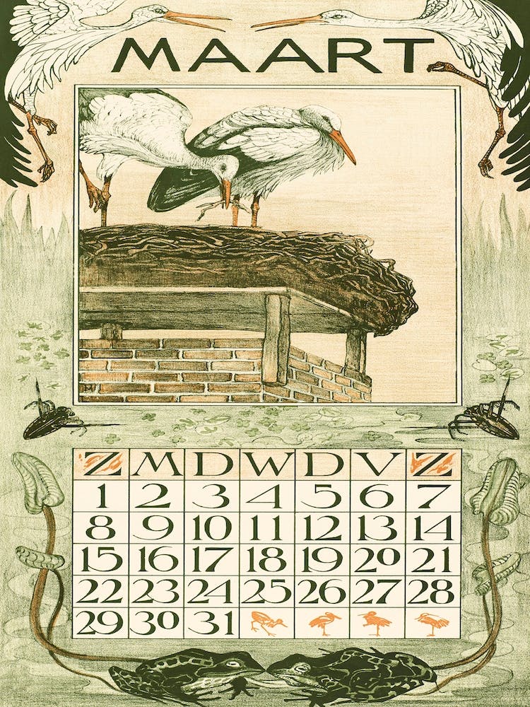 March Calendar Sheet With Storks (1902), Theo Van Hoytema