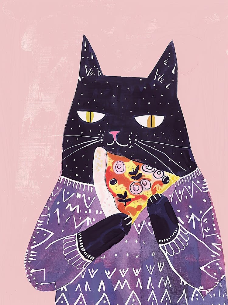 Cute Black Cat Eating A Pizza Slice Folk Illustration 1
