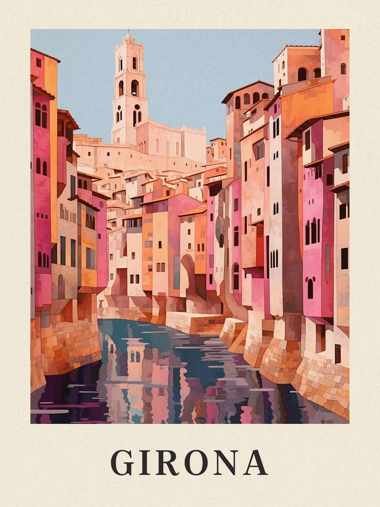 Girona Spain 3 Vintage Pink Travel Illustration Poster