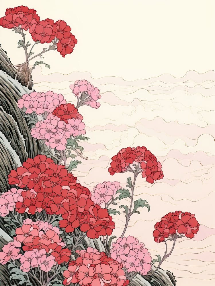 Great Wave With Verbena Flower Drawing In The Style Of Ukiyo E 1