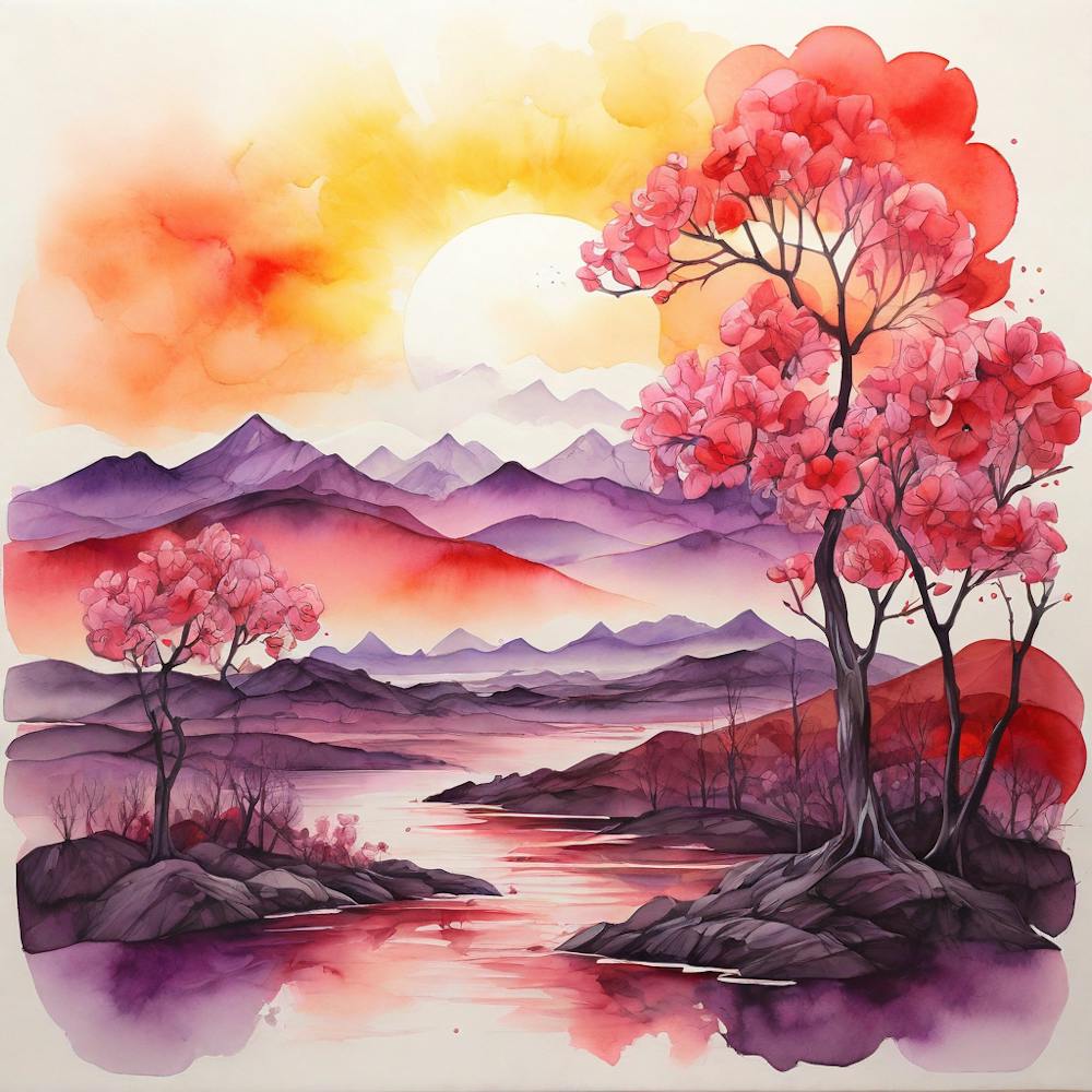 A Sunset By The Blossom Trees In The Mountains