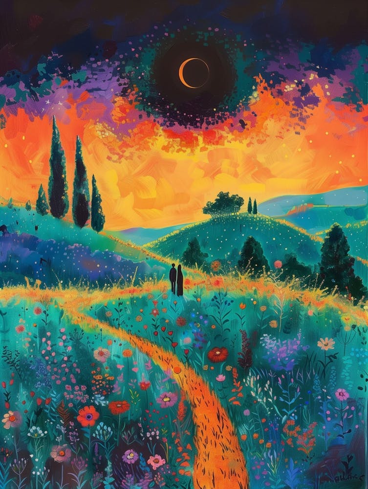 Poetic Countryside Landscape Under A Total Solar Eclipse, Warm Glowing Light Casts Over Trees, Flowers, And Rolling Hills